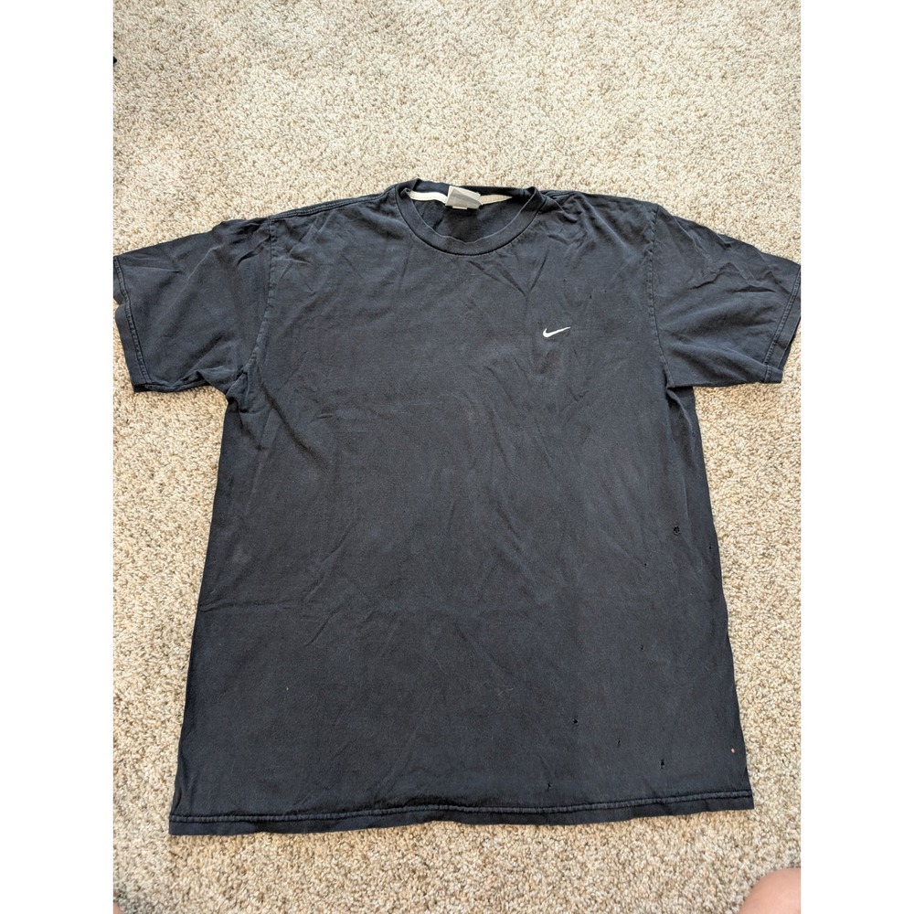 Nike Vintage Mini Swoosh T-Shirt XL Faded Black Thrashed Y2K‎ Embroidered Logo